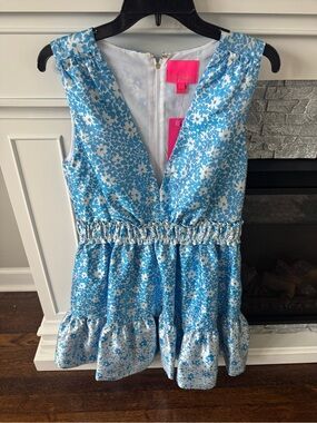 Lilly Pulitzer Fabiana Dress V Neck Jacquard Midi Lunar/Baby Blue Wh Floral NWT